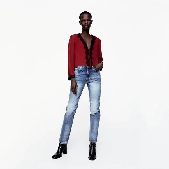 Zara burgundy & black lace-like accent blouse top - Picture 2 of 12